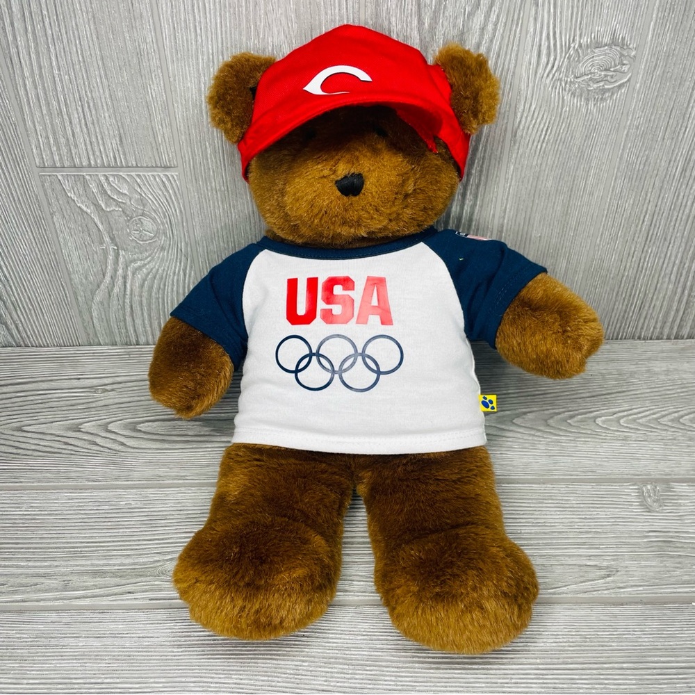 Vintage brown build a bear plush with cubs hat & USA Olympics shirt Teddy bear